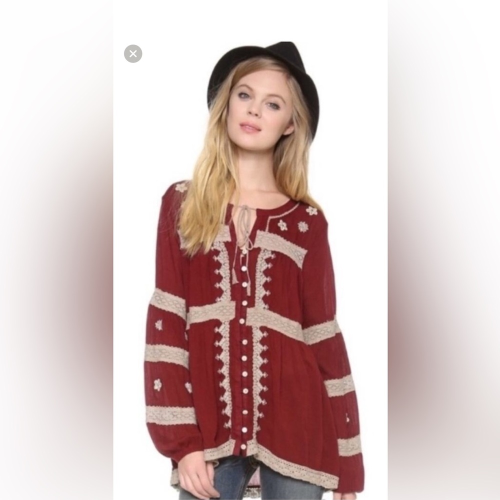 Free People Iris Cranberry Boho Peasant Top Blouse Button Up Long Sleeve Small
